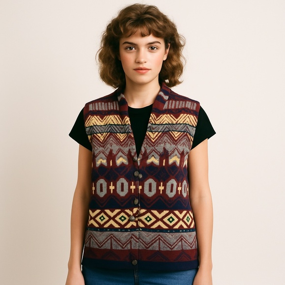 Vintage 80s/90s SAGE by Liz Ence Hand Loomed Art Deco Cotton Vest Grandpa Core M - Picture 1 of 10